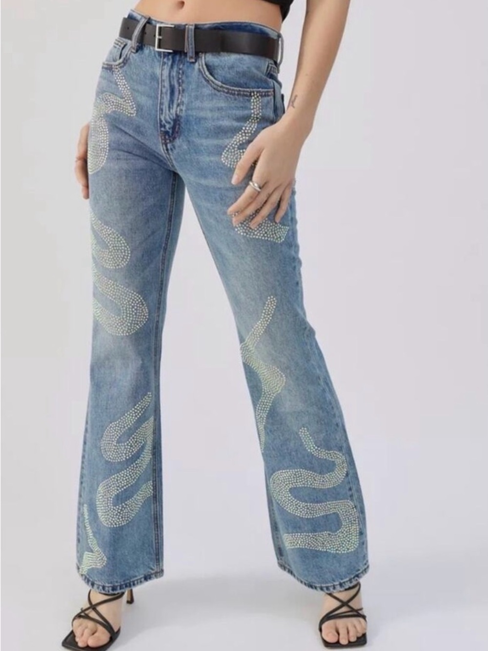 BDG Mid-Rise ‘90s Bootcut Jeans Embellished Snake Rhinestones Blue Size 28